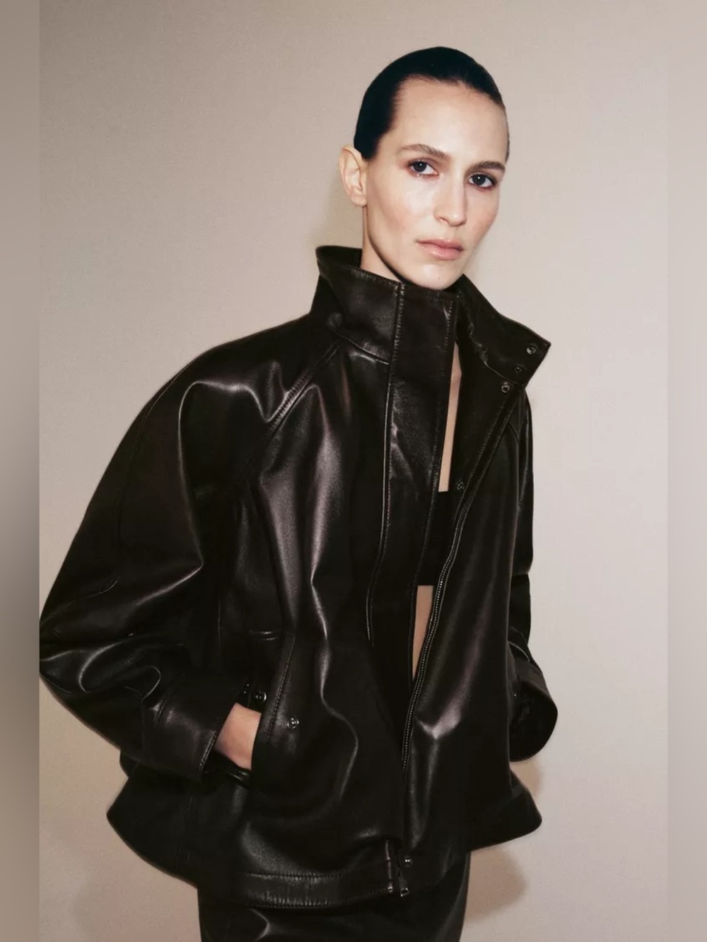 NWT Zara 100% LEATHER BOMBER JACKET ZW COLLECTION